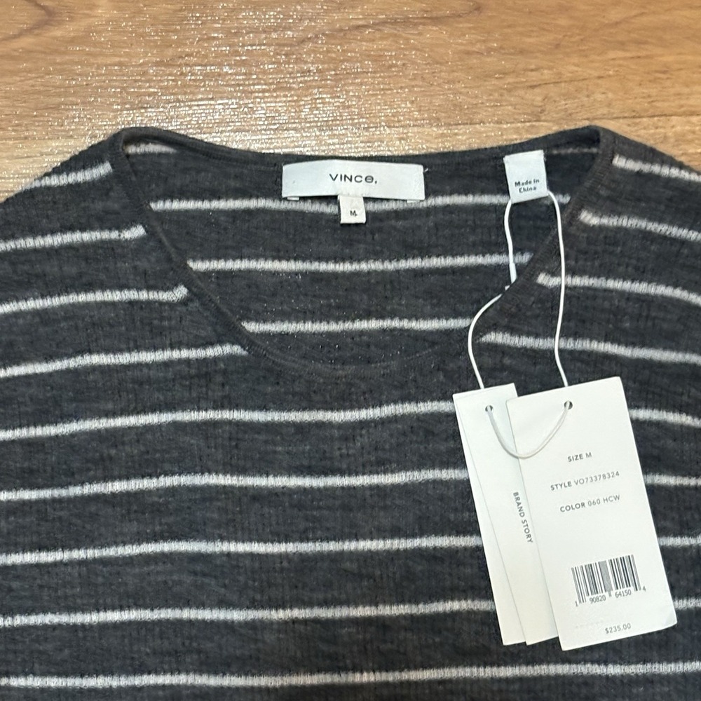 NWT $235 Vince 100% Wool Stripe Rib Knit Shirt CARBON/OFF WHITE Medium Luxury - Picture 4 of 9